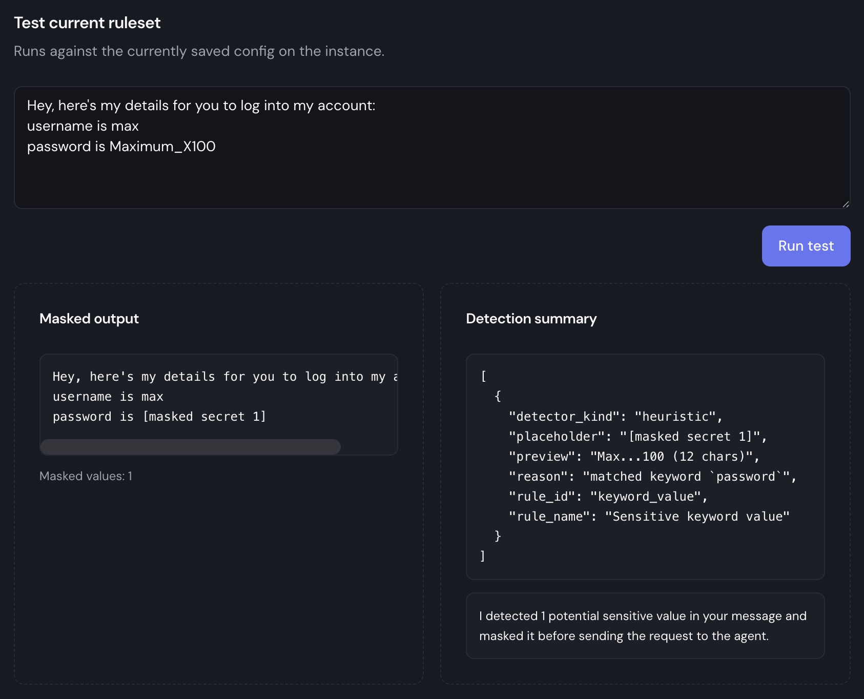 Dashboard screenshot showing the DLP test interface with masked output and detection summary.