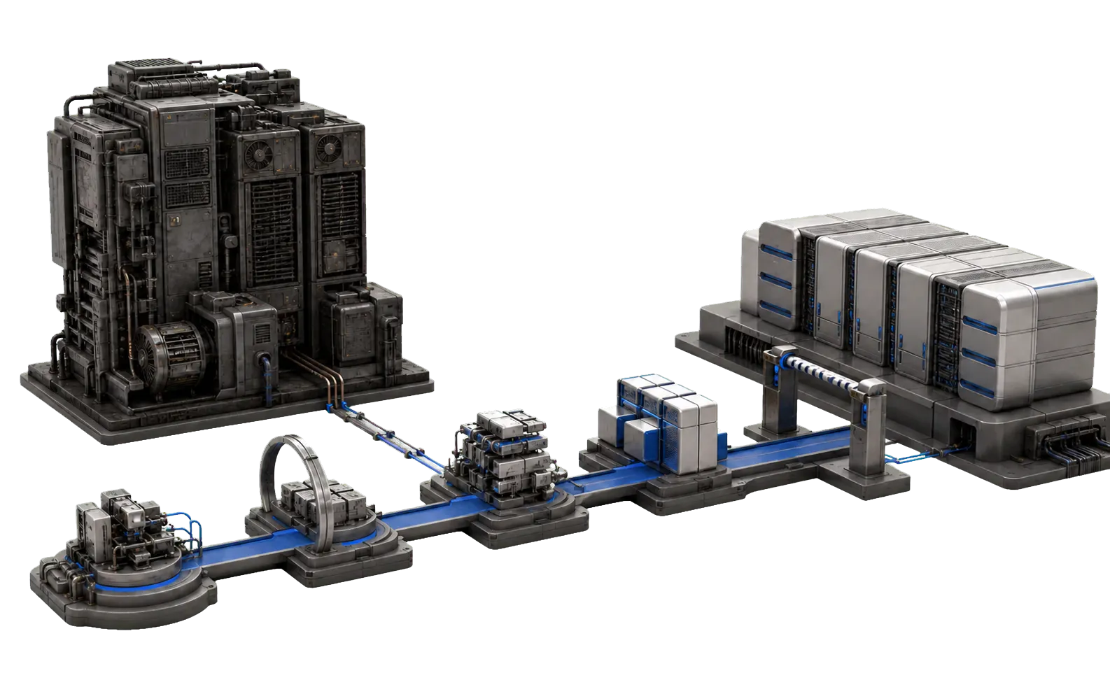 An operating legacy system passes through verification stages into a modular replacement while both stay connected.