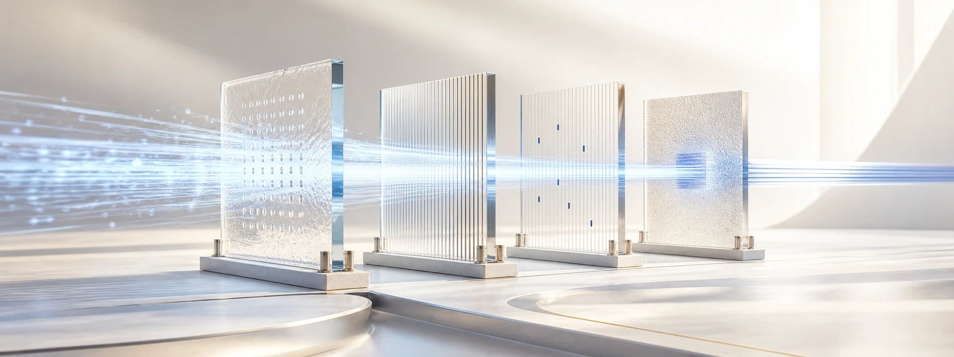 Fast-moving light passes through four precise verification layers and leaves as a controlled, aligned system.
